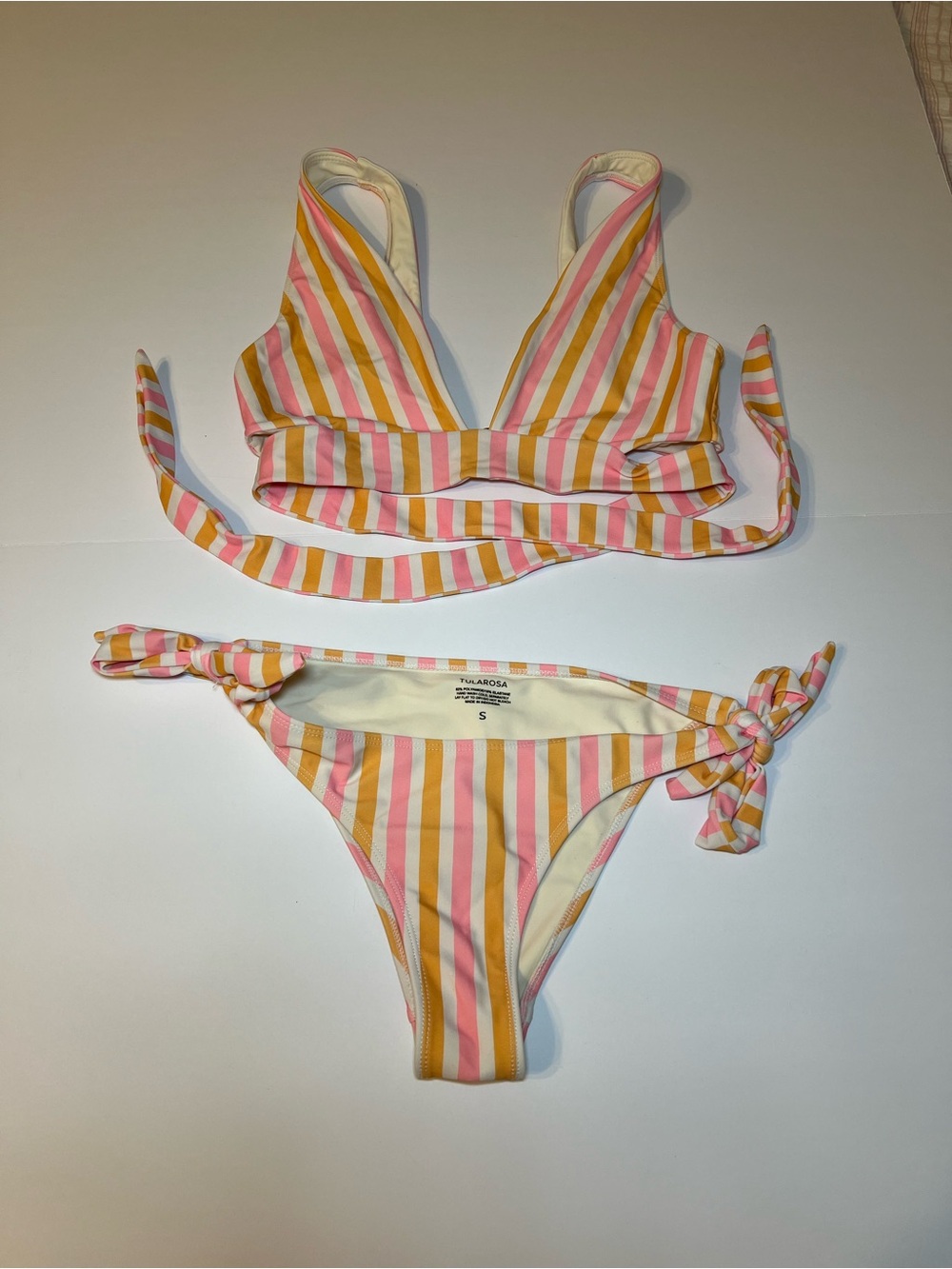 Tularosa Two piece Pastel Stripedโ Bikini Set in Pink, Yellow & Cream